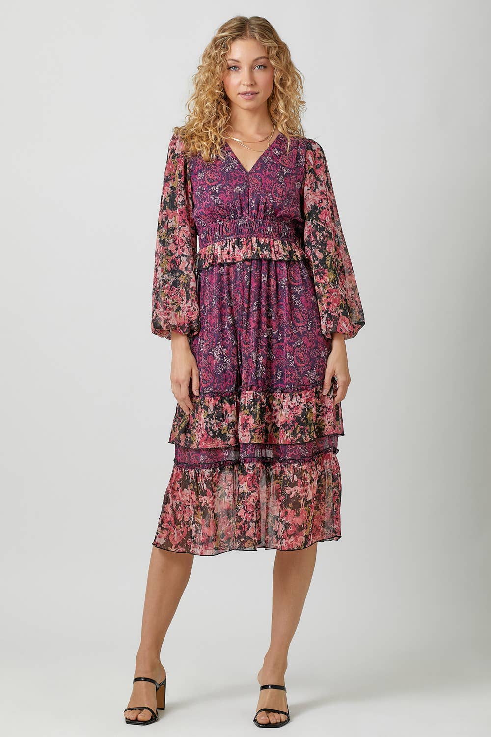 Burgundy Print Mix Floral Midi Dress Fall-Winter Mystree