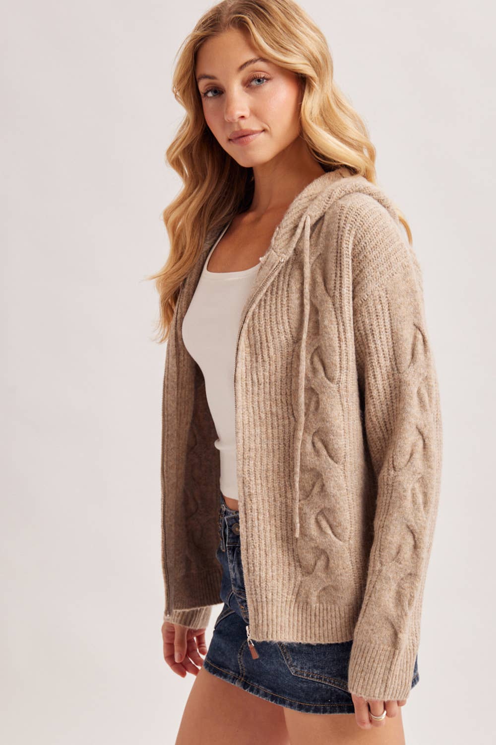 CABLE KNIT SWEATER CARDIGAN WITH HOOD
