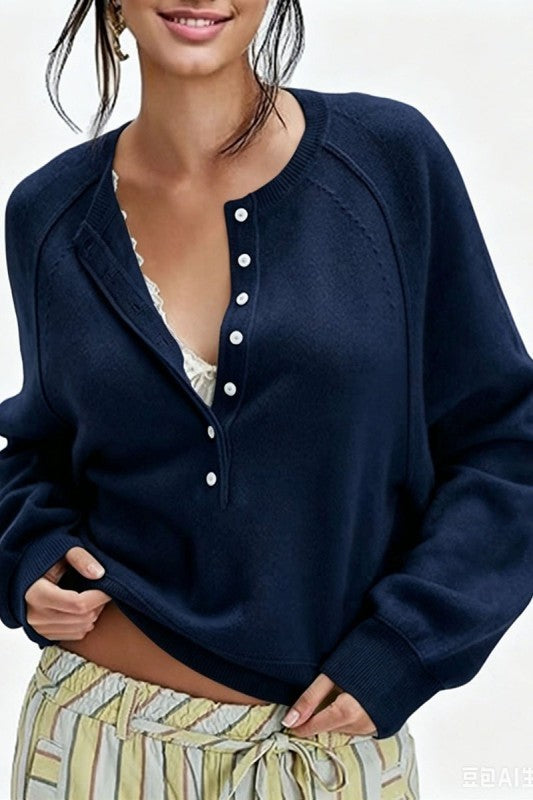 Button Front Ribbed Long Sleeve Sweater