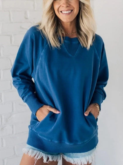 Long Sleeve Pullover – Side Ribbed Pocket Crewneck, Loose Fit Pullover