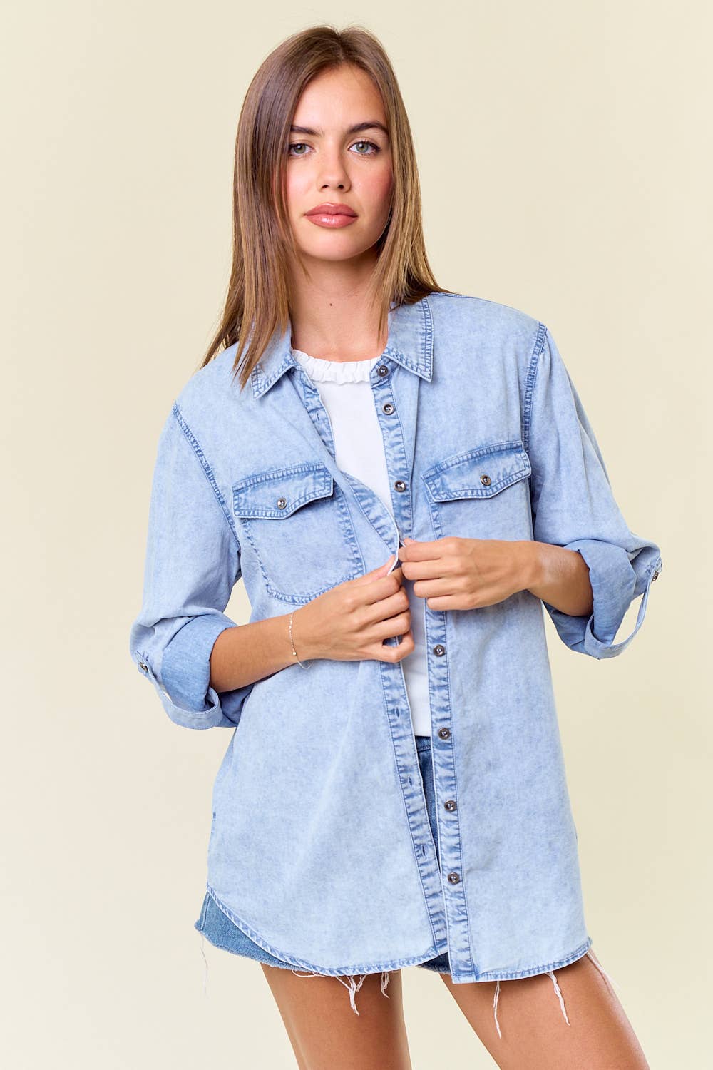 Light Denim Chambray Button Down Shirt With Roll up Sleeve Doe and Rae