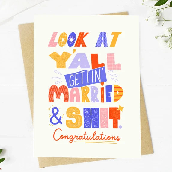Big Mood Cards humorous wedding card with colorful hand-drawn text on premium matte cardstock and kraft envelope.