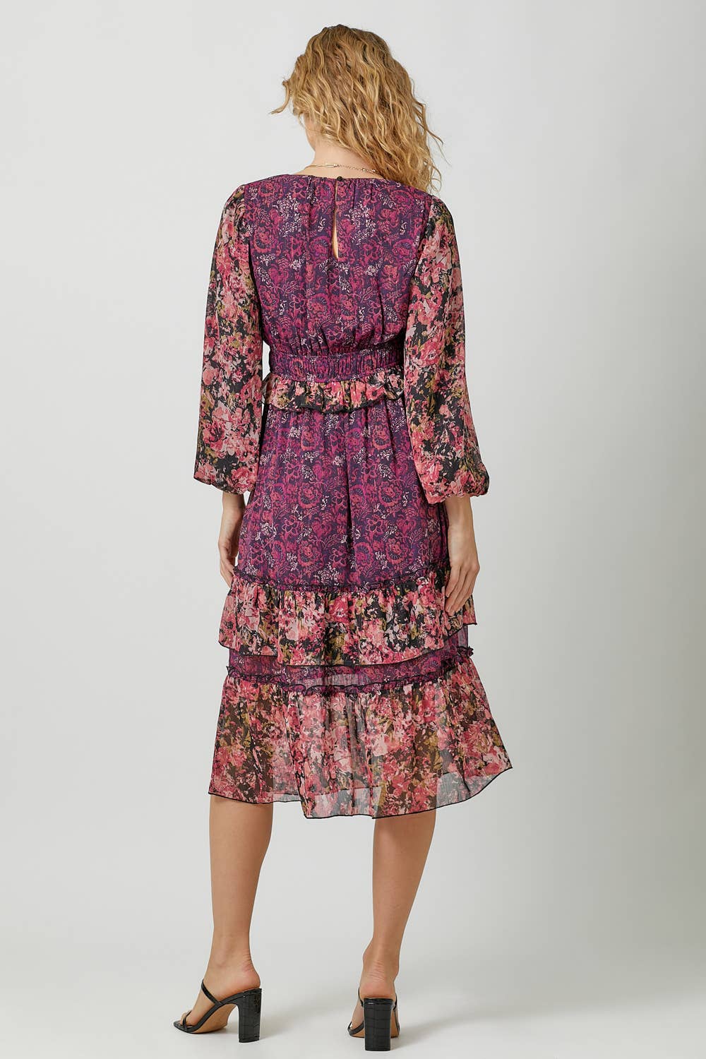 Burgundy Print Mix Floral Midi Dress Fall-Winter Mystree