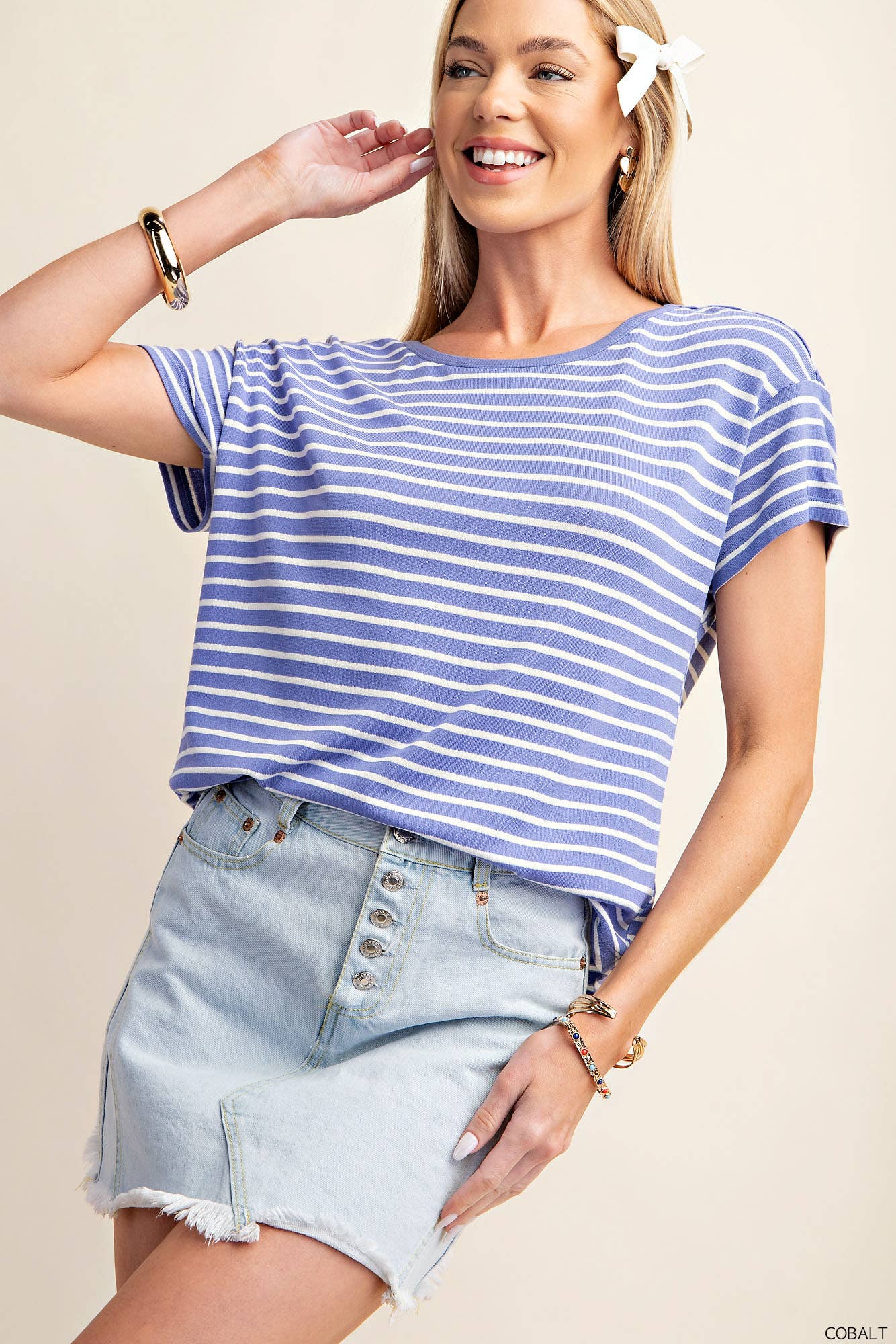 COZY YARN-DYED STRIPES RINGER TEE: COBALT Spring-Summer Kori