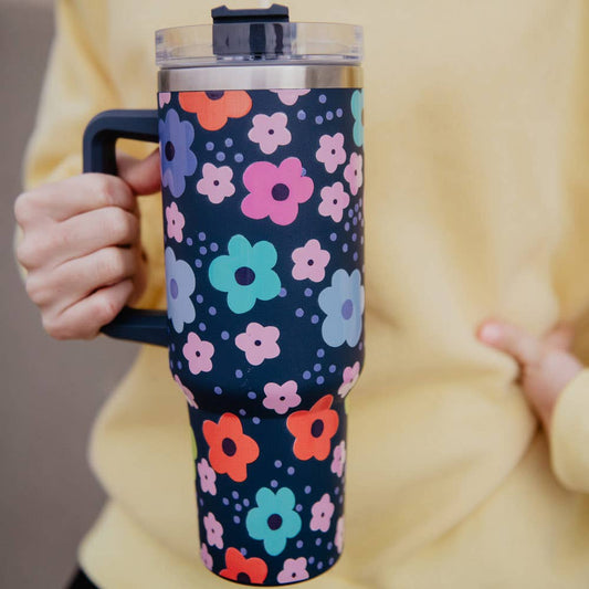 Navy Daisy Tumbler Cup with Handle Core Katydid