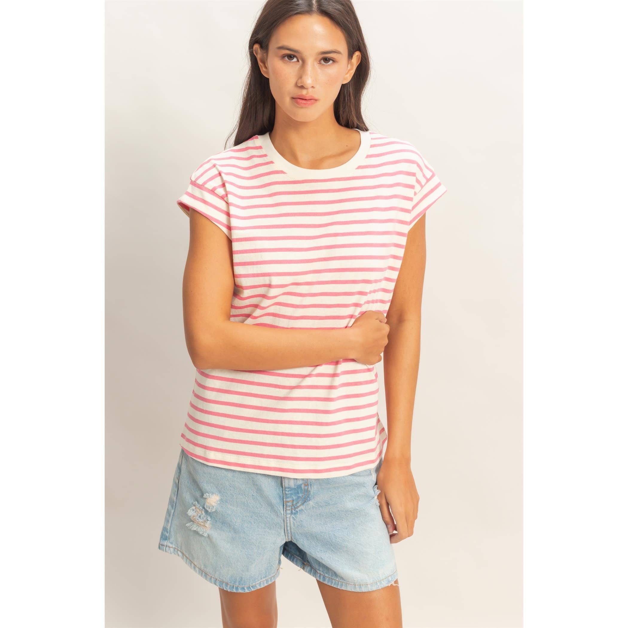 Double Zero - Striped Cap Sleeve Relaxed Everyday Tee