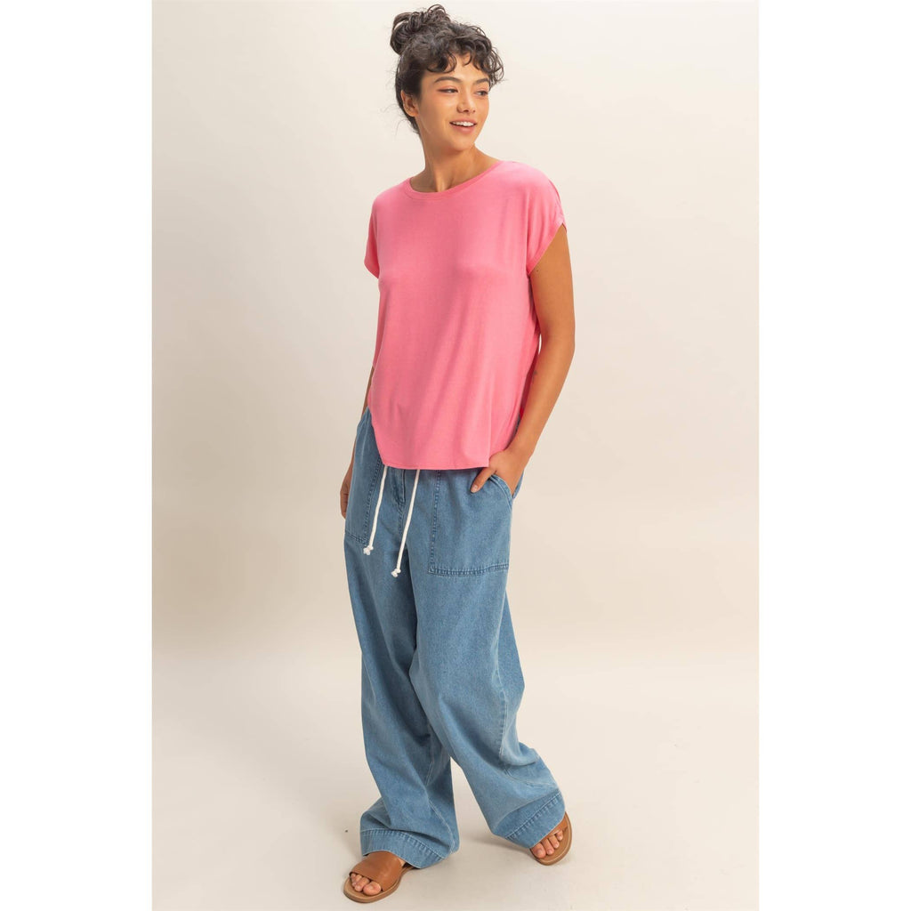 Relaxed Dolman Short Sleeve  Round Neck Top
