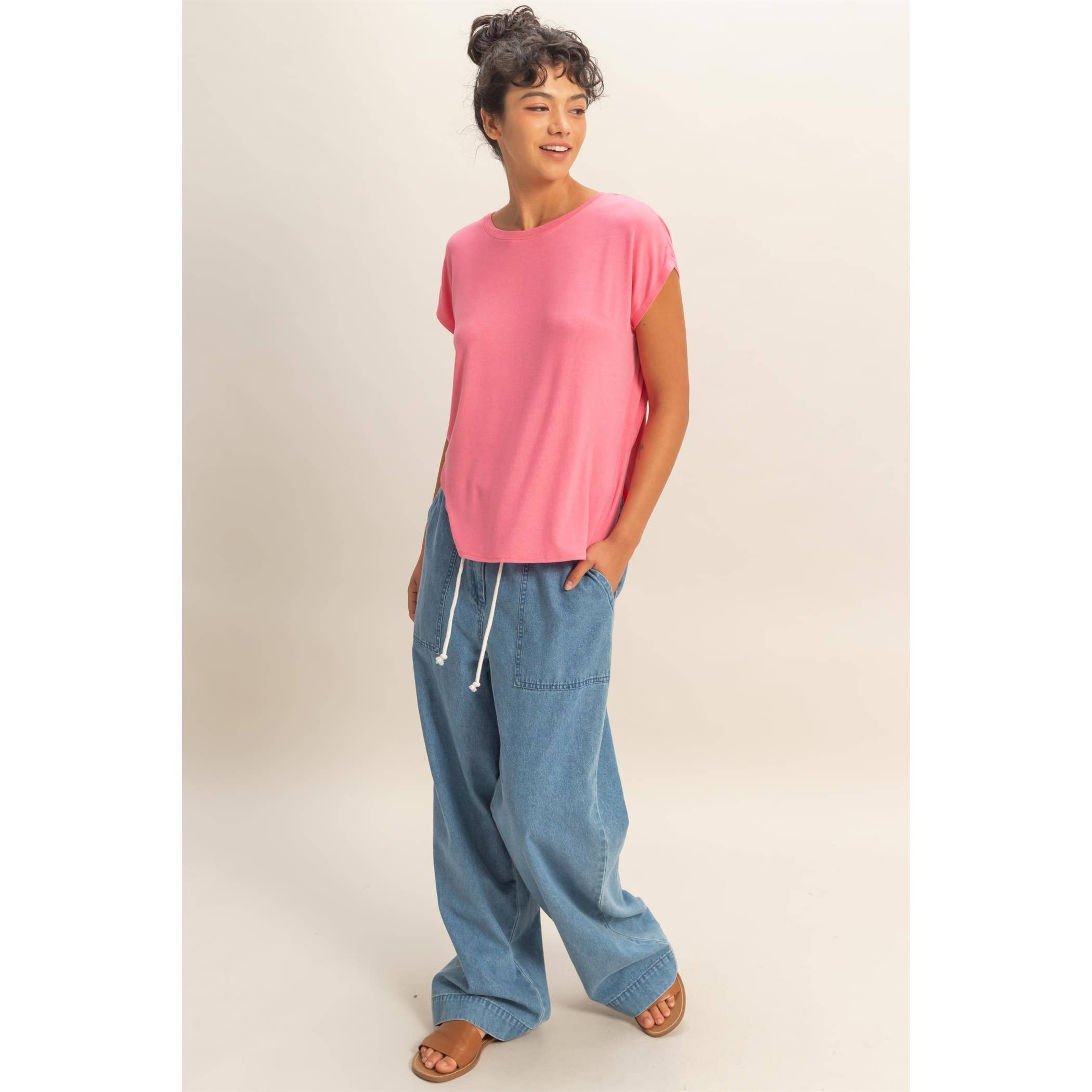 Relaxed Dolman Short Sleeve  Round Neck Top