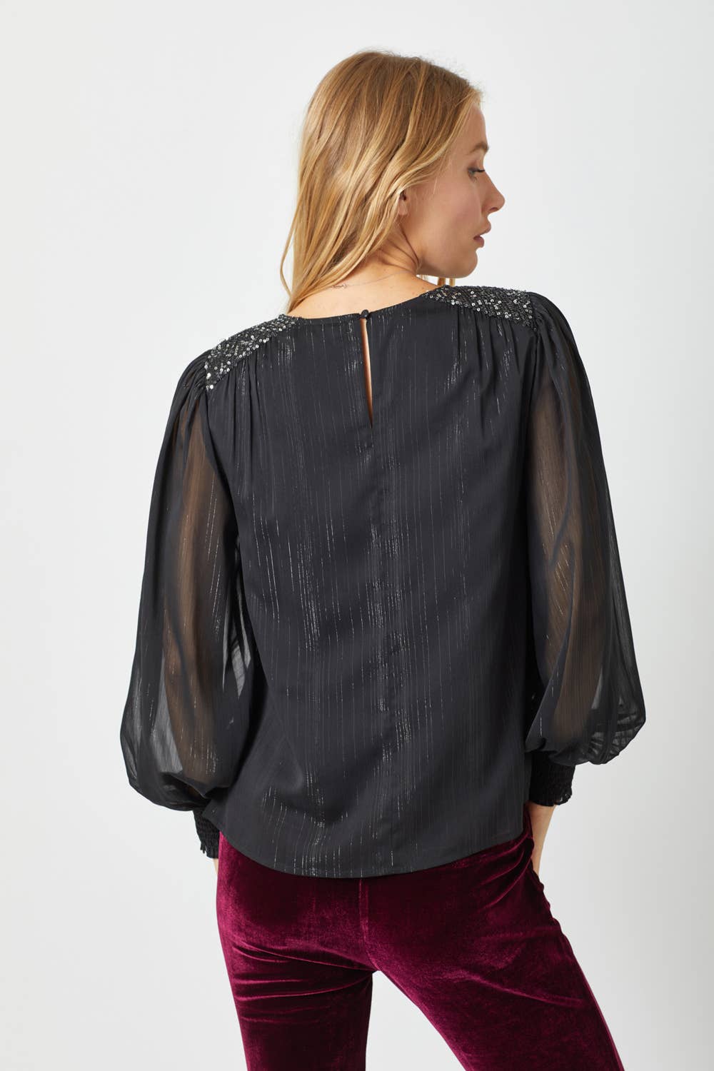 Black Flowy Glitter Chiffon Blouse Fall-Winter Mystree