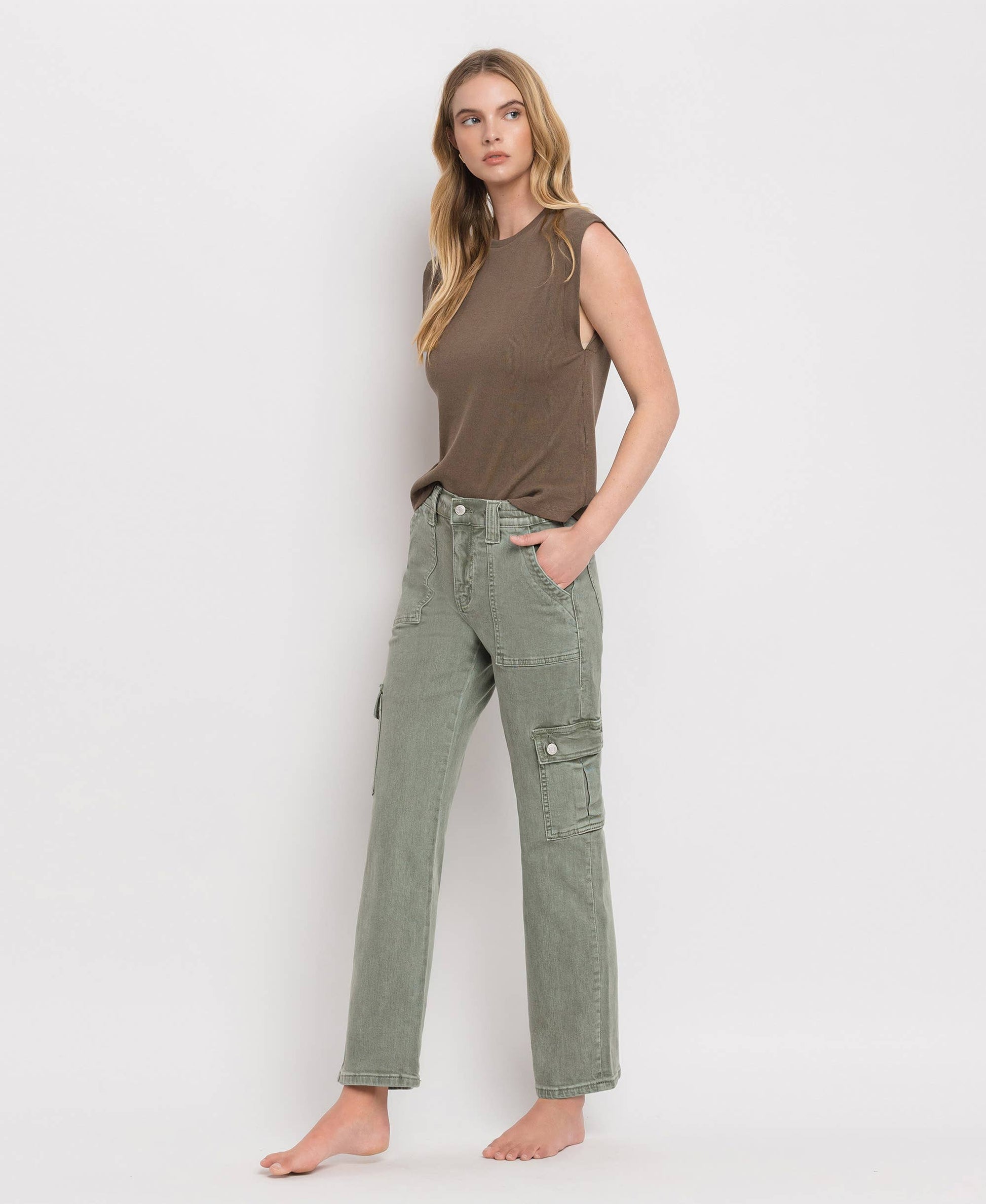 HIGH RISE CARGO PATCH POCKET STRAIGHT JEANS Spring-Summer VERVET by FLYING MONKEY