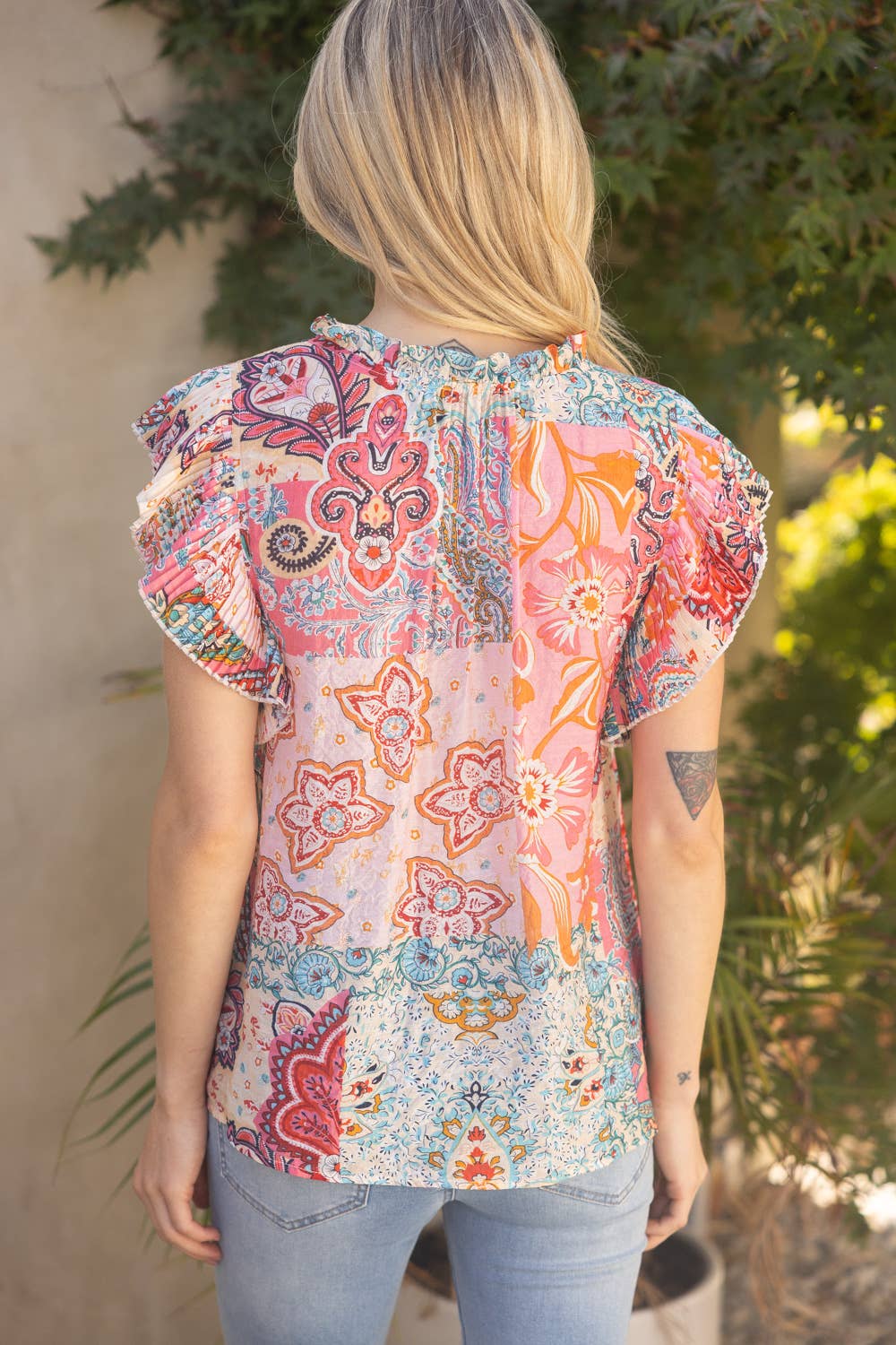 Pink Pleated Sleeve Mixed Paisley Print Button Up Top VOY