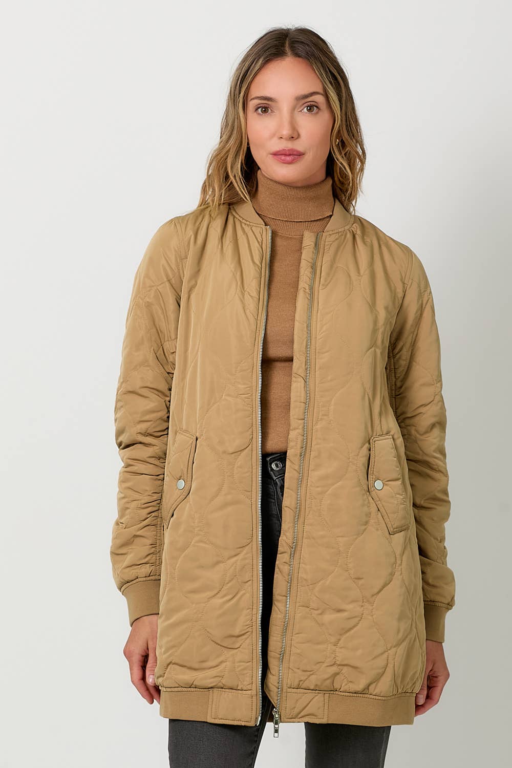 Mystree - 60268 Quilted Long Bomber Jacket Mystree