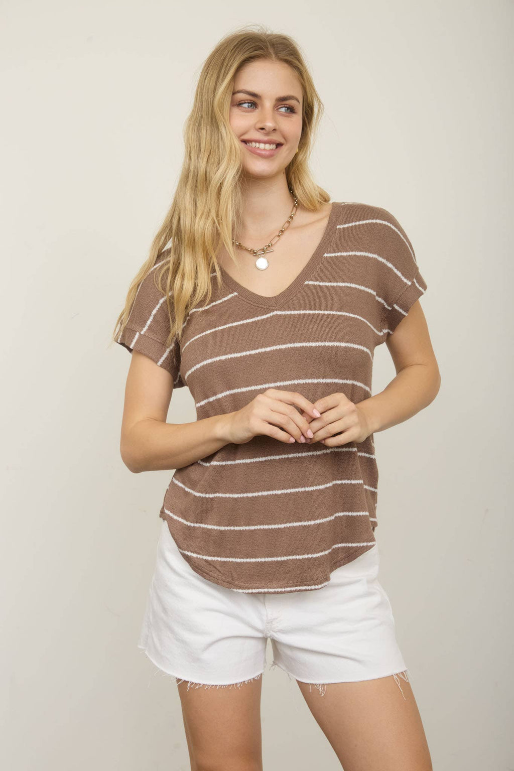 STRIPE V NECK CUFFED SHORT SLEEVE KNIT TOP