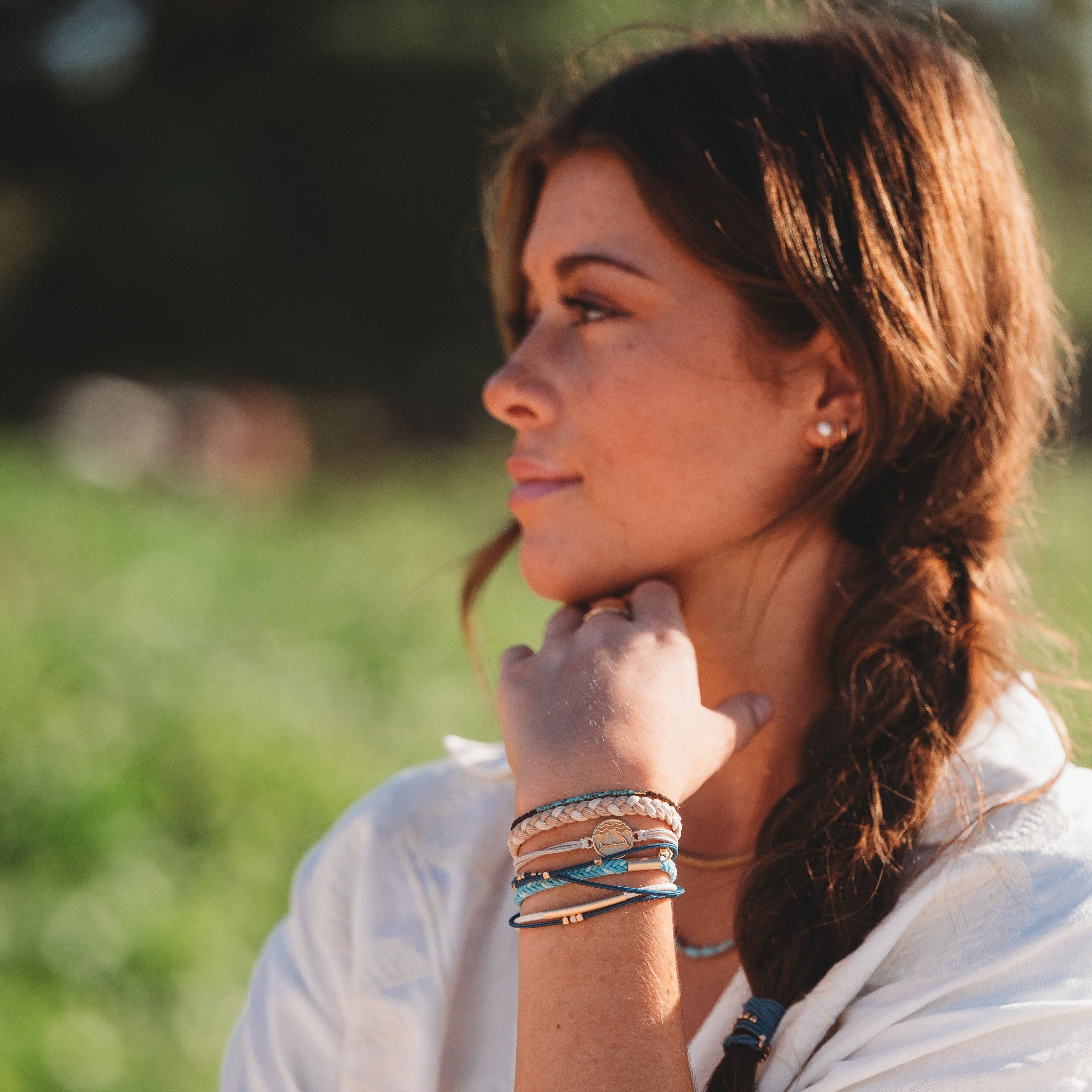 K'lani hair tie bracelets - "Protect" Beachy Blues and Sands with Whale Charm Hair Tie Bracelets