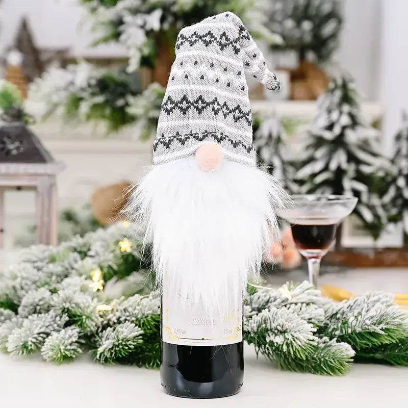 Gnome Knitted Topper Hat Wine Cover Fall-Winter Sweet Cherry Sky