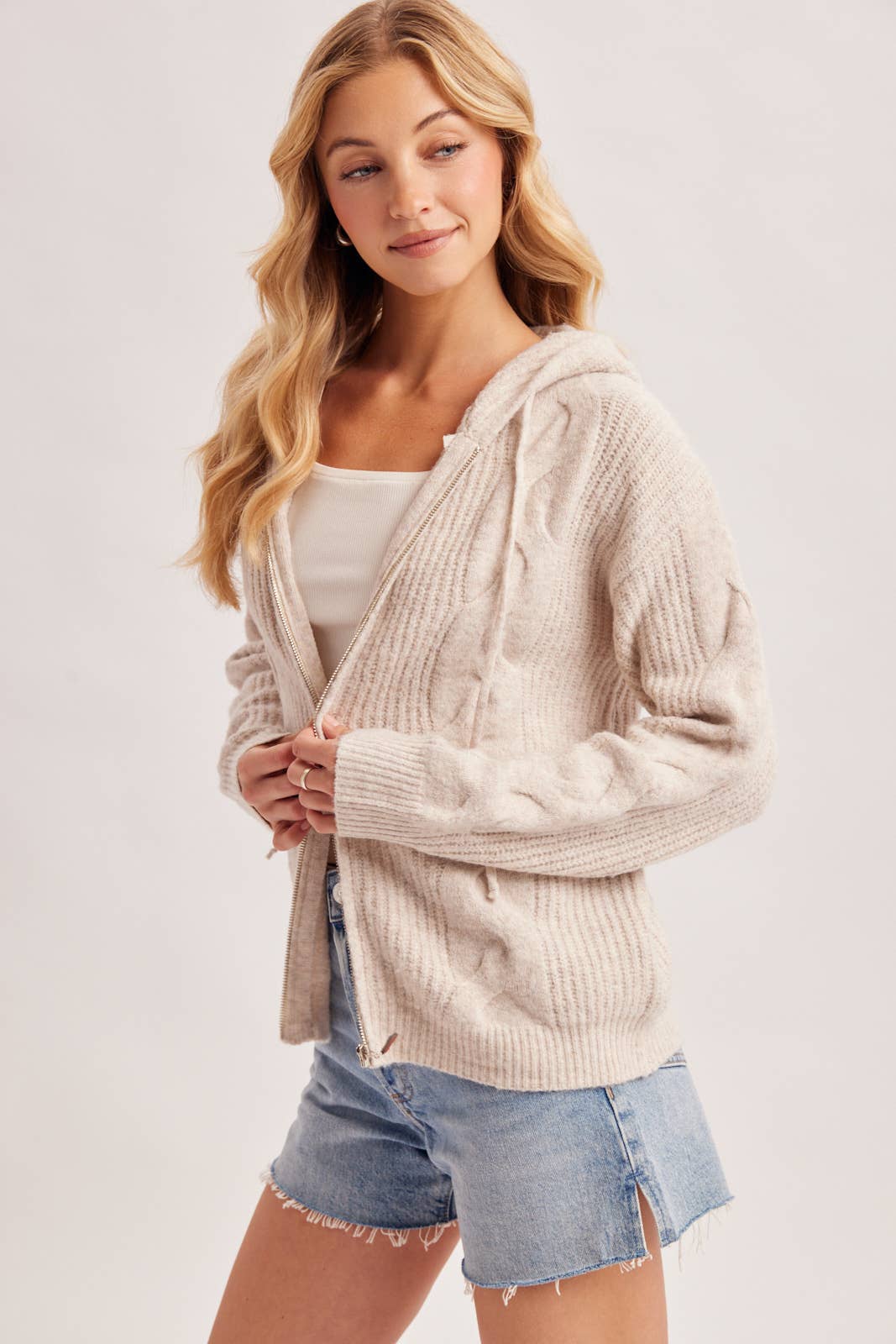 CABLE KNIT SWEATER CARDIGAN WITH HOOD