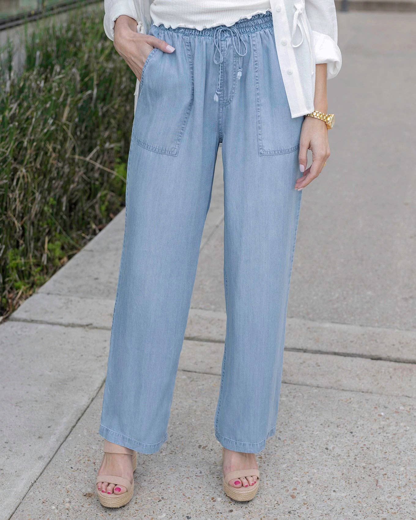 Tencel™ Lyocell Drawstring Wide Leg Pants in Chambray Wash Spring-Summer Grace and Lace