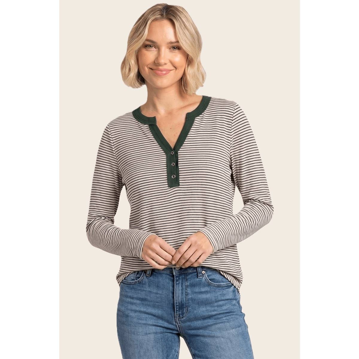 Y-Split Button Neck Striped Top