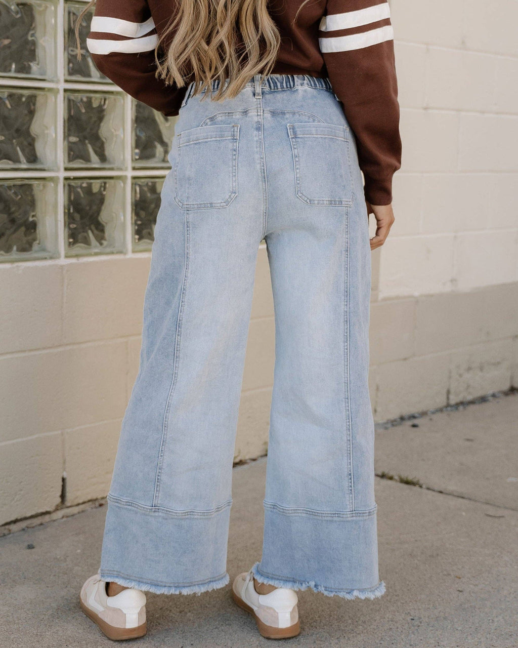 Beau Blue Cropped Jeans wide leg trousers with raw hem and drawstring waist in soft stretch denim