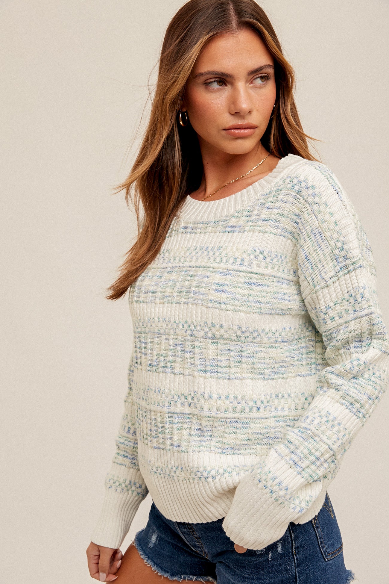 ROUND NECK TEXTURED SWEATER PULLOVER Spring-Summer Hem and Thread