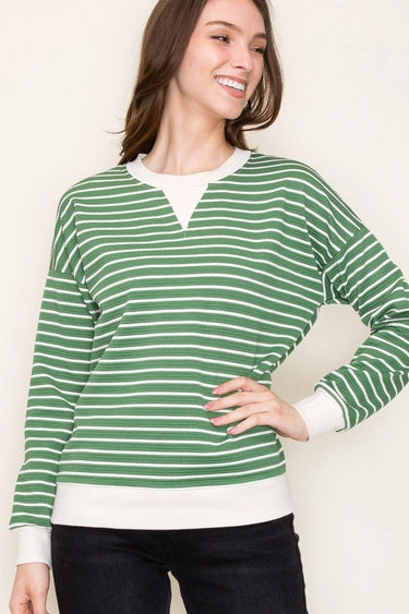 Green Color Contrasted Bands Texture Striped Long Sleeve Pullover Fall-Winter Staccato