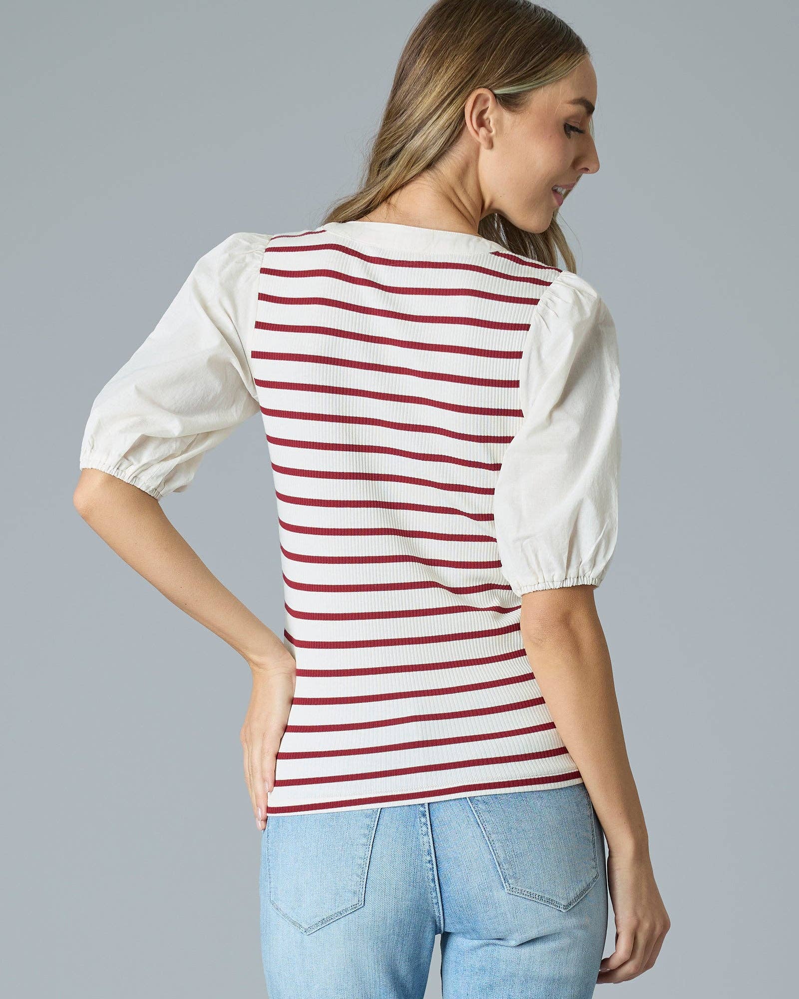 Tomato Stripe Puff Sleeve Henley Top Fall-Winter Downeast