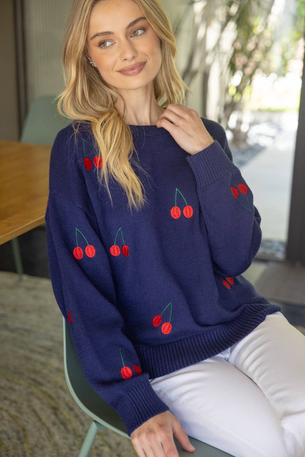 Navy with Cherry Embroidered Long Sleeve Sweater Fall-Winter VOY