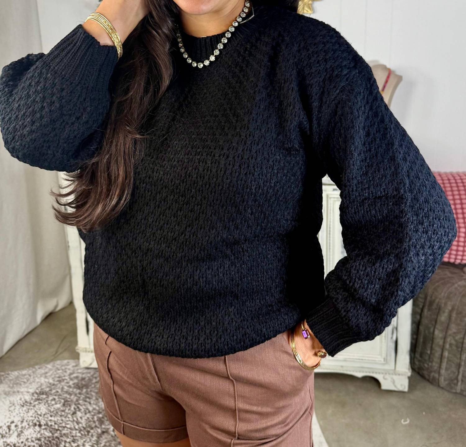 waffle weave sweater in black
