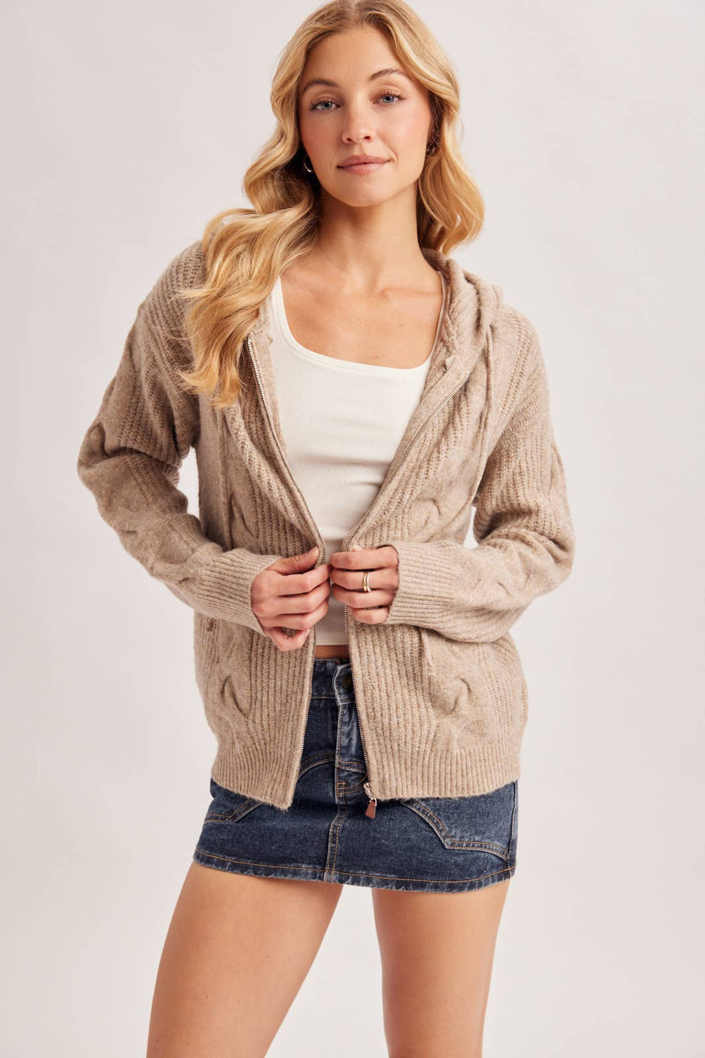 CABLE KNIT SWEATER CARDIGAN WITH HOOD