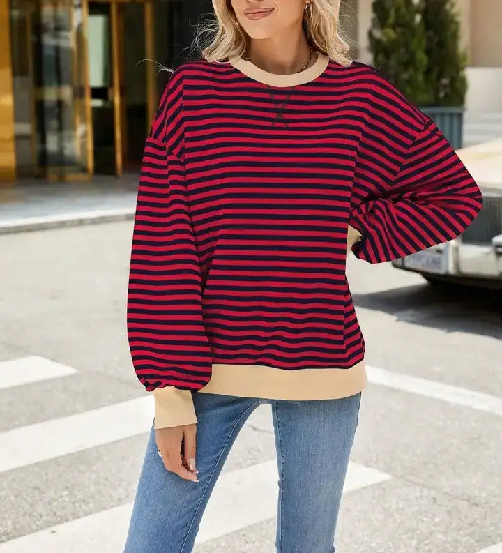 Striped Crew Neck Contrast Color Loose Long Sleeve Sweater