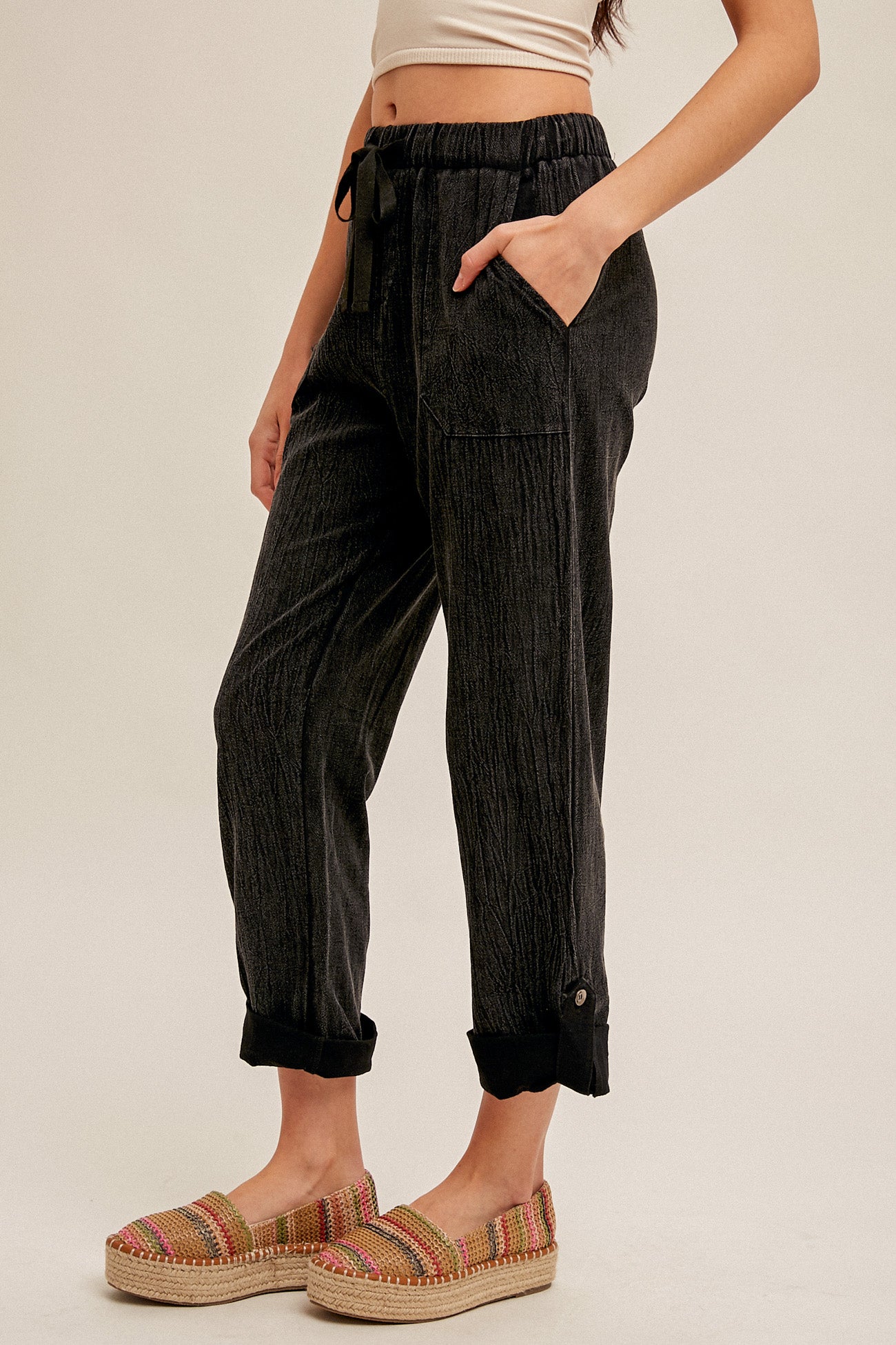 ELASTIC WAIST ROLL UP LOUNGE TROUSERS Spring-Summer Hem and Thread