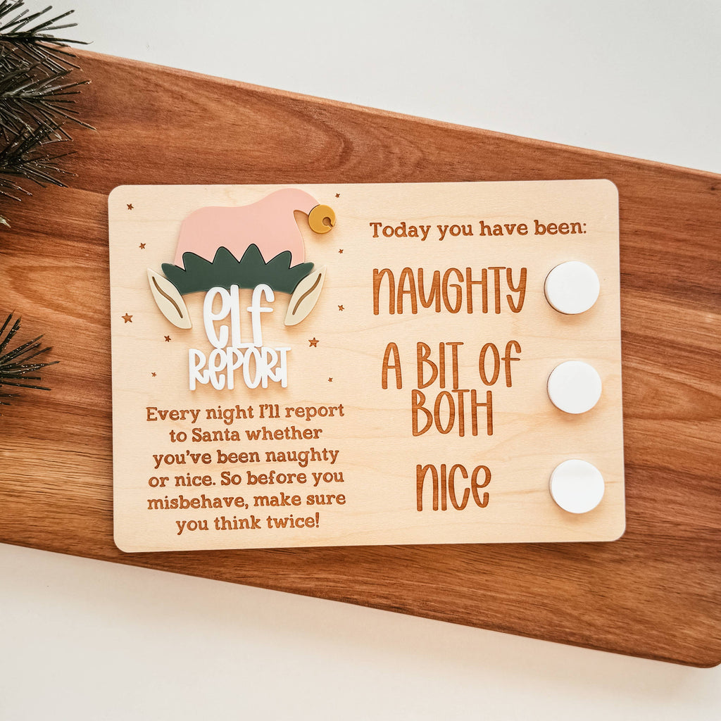 Elf Report Sign wooden Christmas decor with 3D lettering and dry-erase circles for daily naughty or nice report