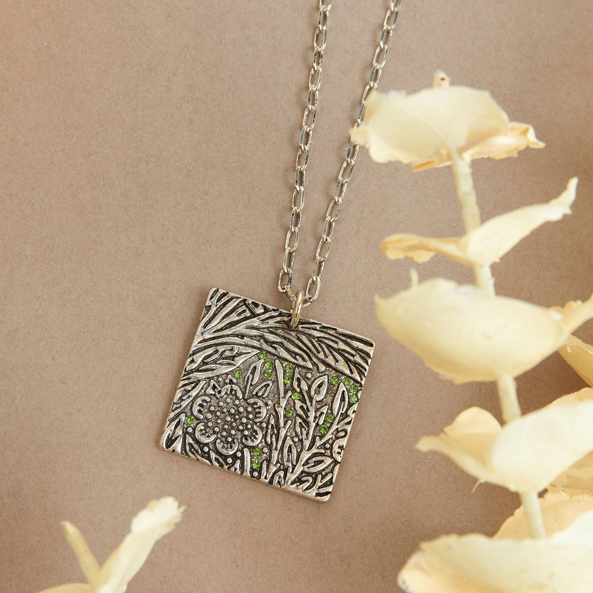 Silver Pendant Necklace – Dahlia Floral Pendant with Crystal Accents
