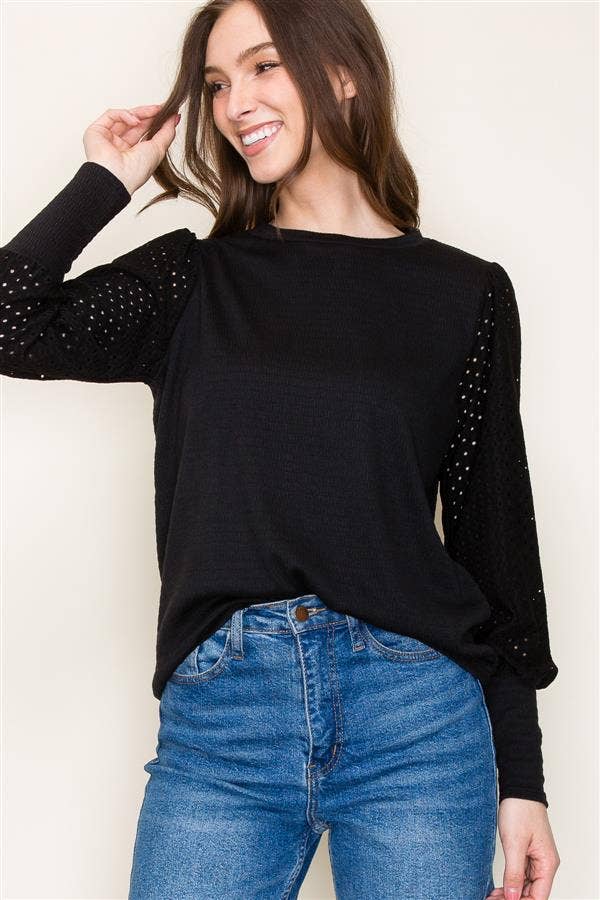 Black Crew Neck Seersucker Top with Puff Eyelet Laced Long Sleeves Fall-Winter STACCATO