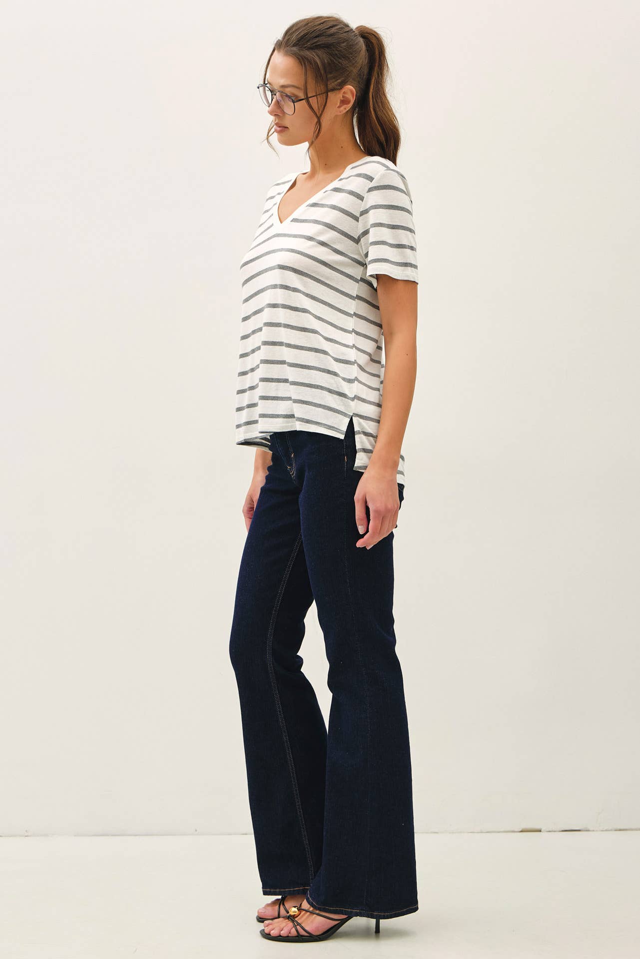 COTTON LINEN BLEND RELAXED FIT STRIPED T-SHIRT