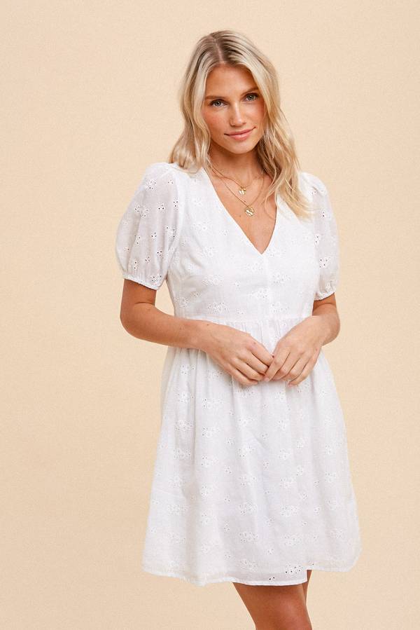 V Neck Puff Sleeve Eyelet Embroidery Dress