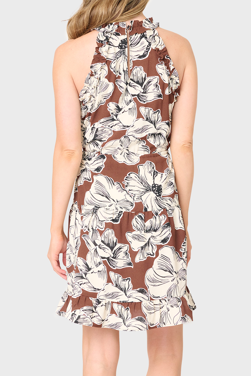 Khloe Dogwood Flower Print Ruffle Halter Dress (ALSO IN CURVY) Fall-Winter Gibsonlook