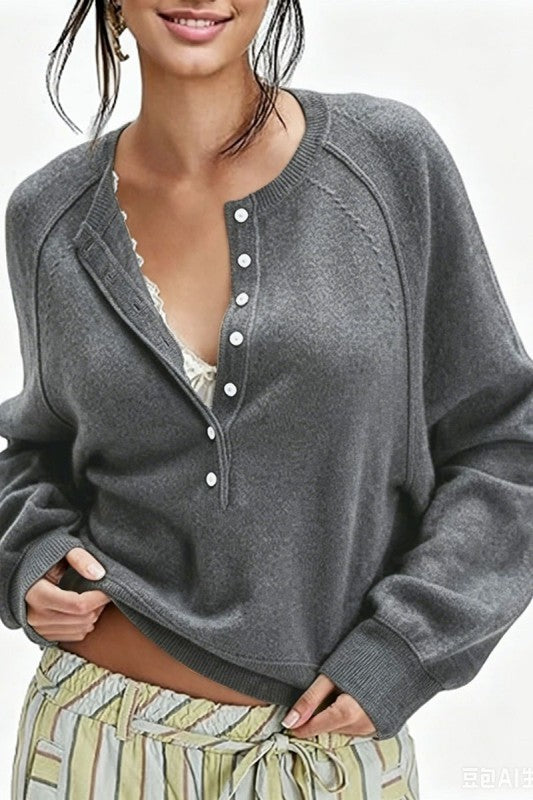 Button Front Ribbed Long Sleeve Sweater
