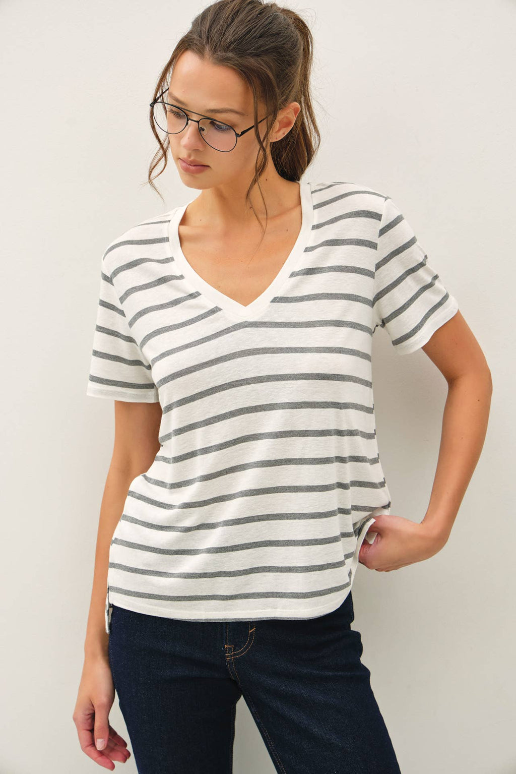 COTTON LINEN BLEND RELAXED FIT STRIPED T-SHIRT