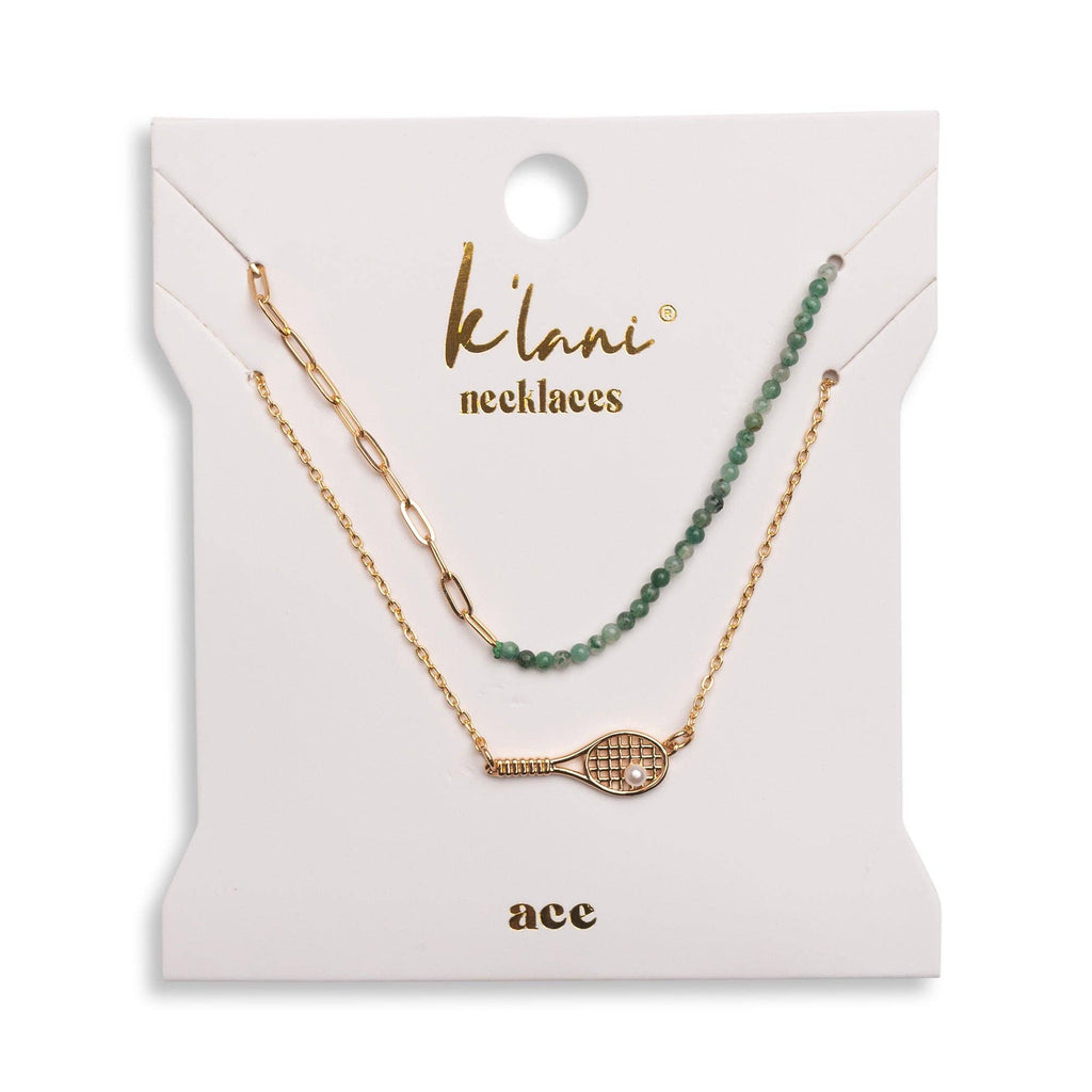 K'lani hair tie bracelets - "Ace" Gold Tennis Racket with Green Beads Necklace Set
