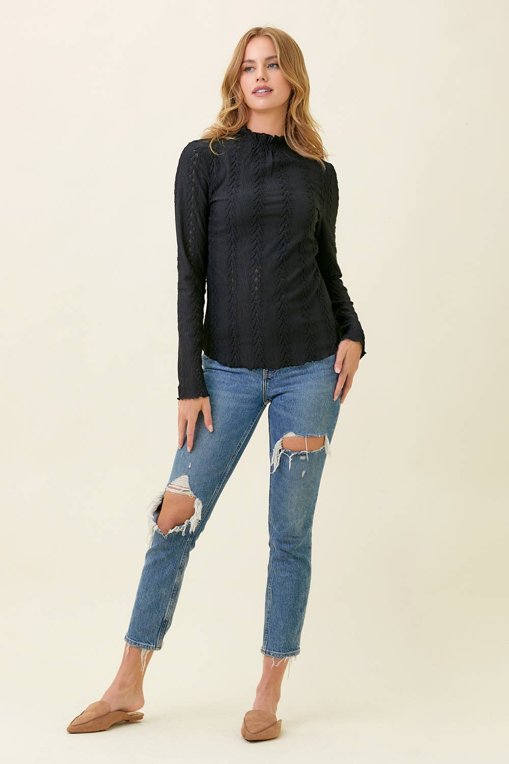 Black Mock Neck Lettuce Edge Textured Top Fall-Winter Mystree