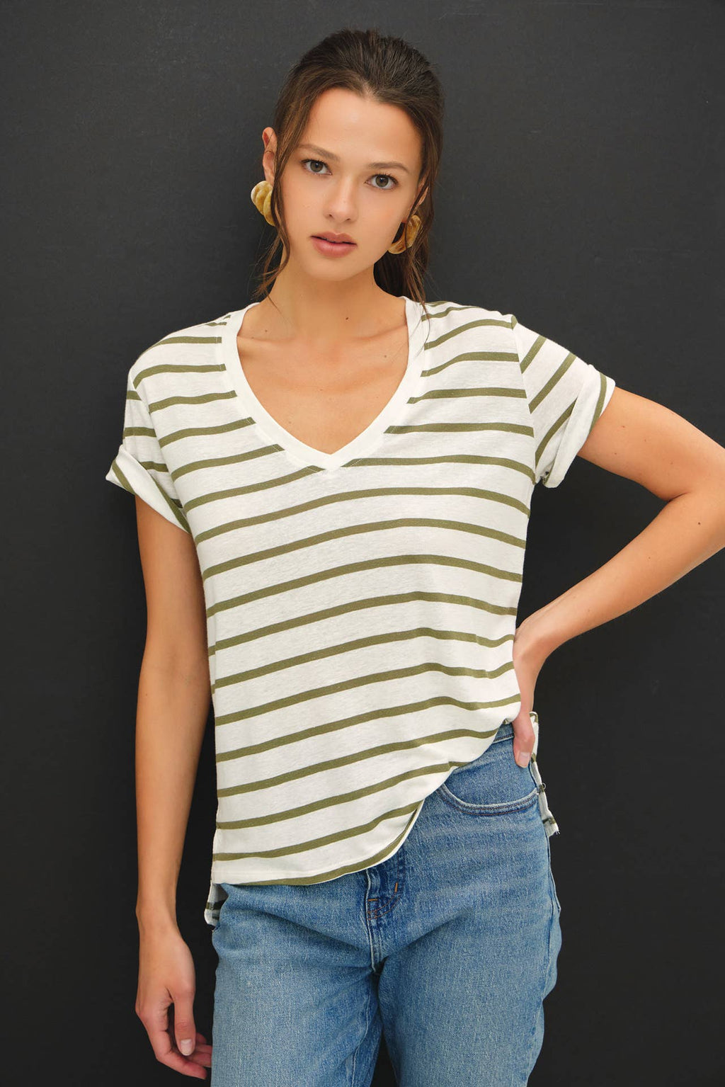 COTTON LINEN BLEND RELAXED FIT STRIPED T-SHIRT
