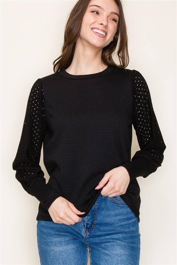 Black Crew Neck Seersucker Top with Puff Eyelet Laced Long Sleeves Fall-Winter STACCATO