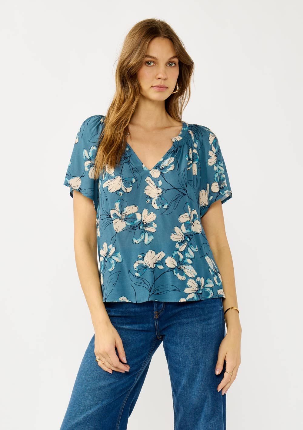 Floral Blouse - Teal Smocked Split-Neck Short Sleeve | 100% Rayon