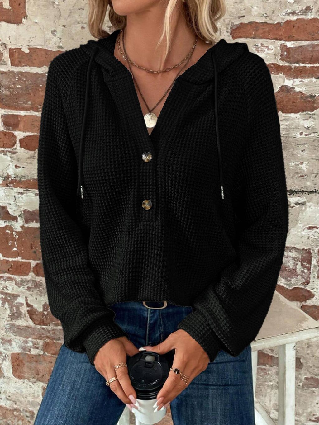 Waffle Knit Hoodie | Solid Color Button-Up Pullover XS–XXL