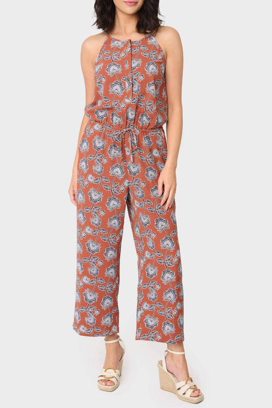 Villa Mia Toasted Cinnamon Poppy Print Henley Jumpsuit Fall-Winter Gibsonlook