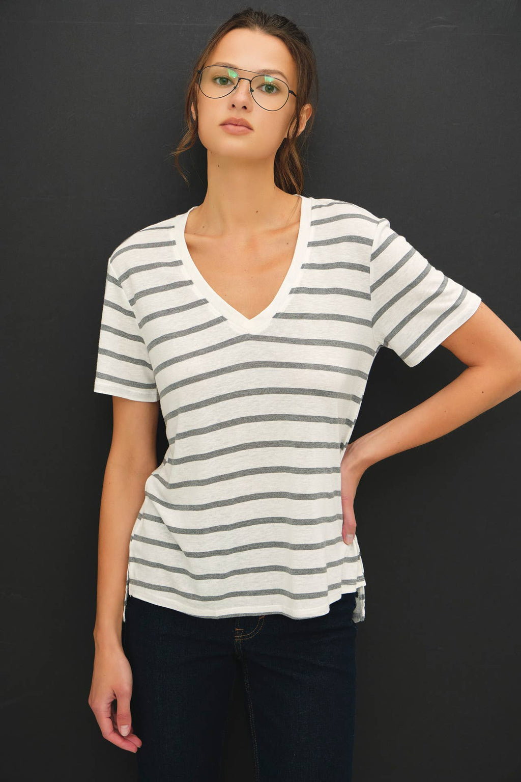 COTTON LINEN BLEND RELAXED FIT STRIPED T-SHIRT