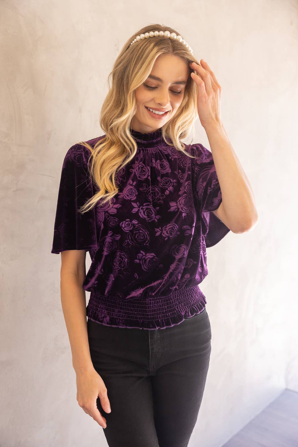 34627 Floral Pleated and Smocked Velvet Top: Purple Fall-Winter VOY