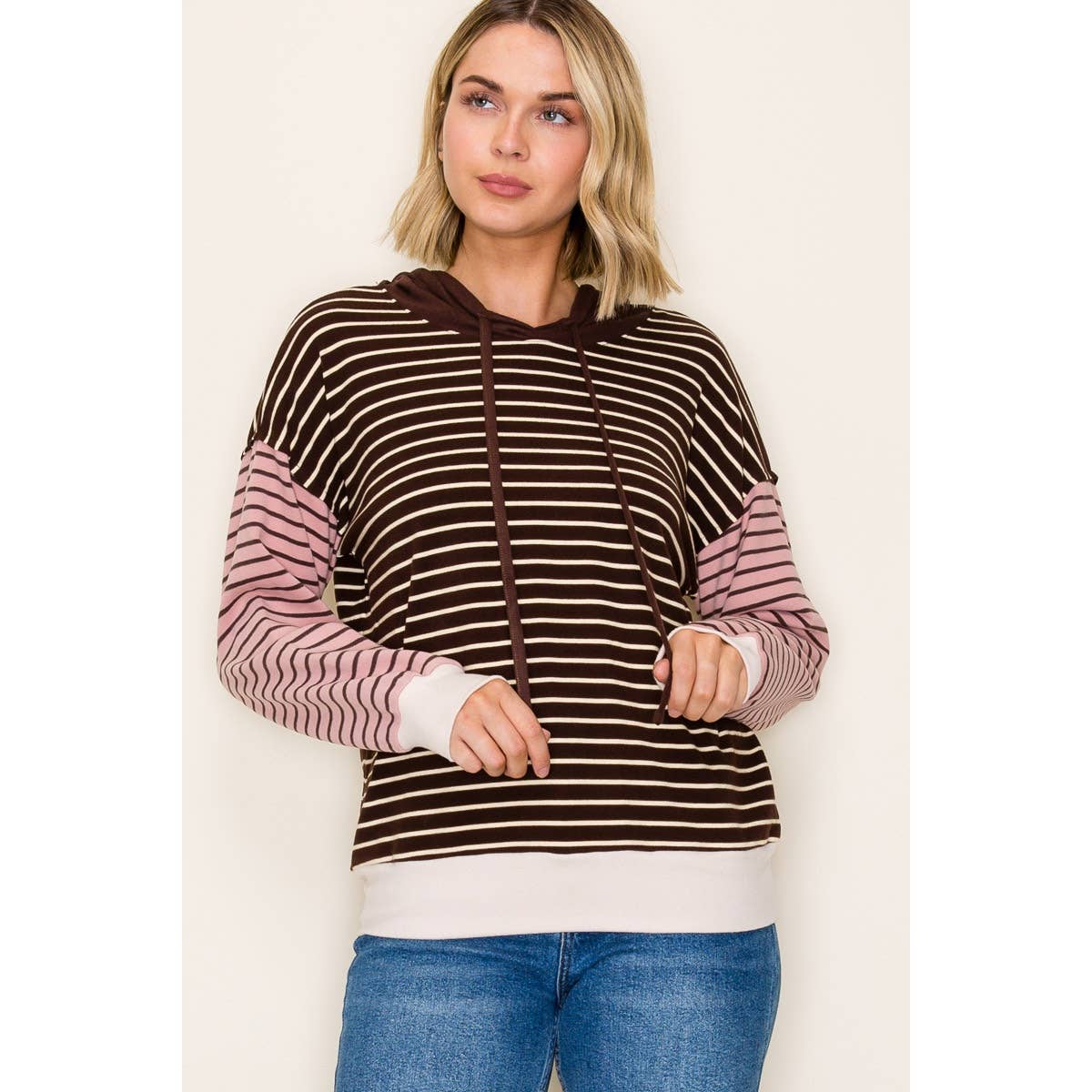 COLOR BLOCKED STRIPE HOODIE TOP