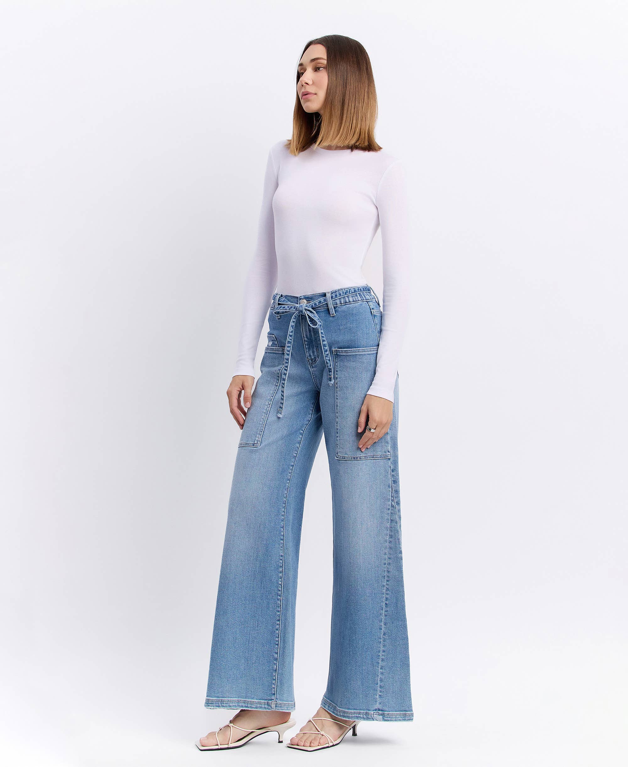 HIGH RISE ELASTIC TIE WAISTBAND BAGGY WIDE JEANS